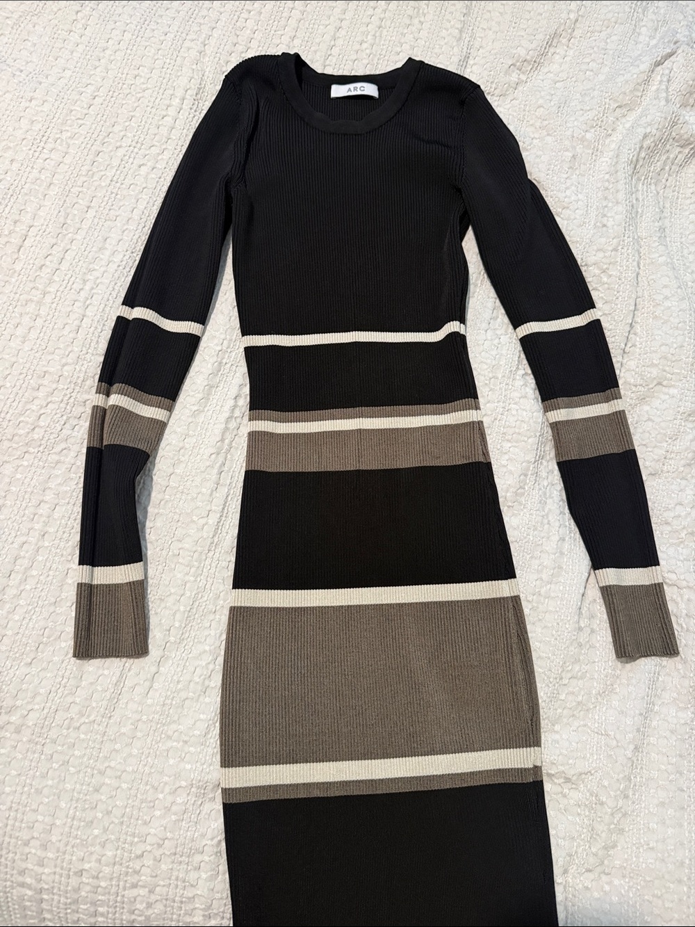 Ribbed Stripe Long Sleeve Knit Dress in Black and Taupe